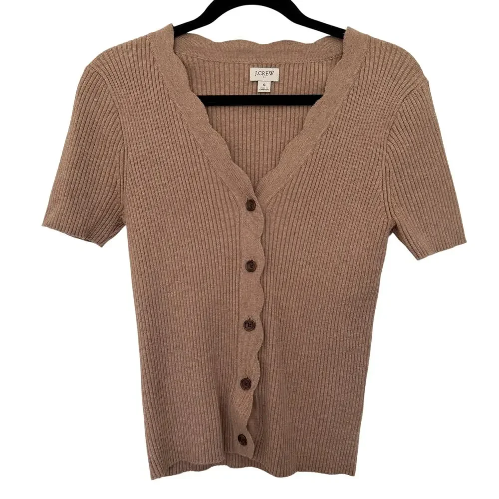 J.Crew (S) Brown Ribbed Scallop Trim Short Sleeve Cardigan Top Quiet Luxury Look